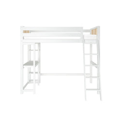 White wooden loft bed with integrated ladder and storage shelves.