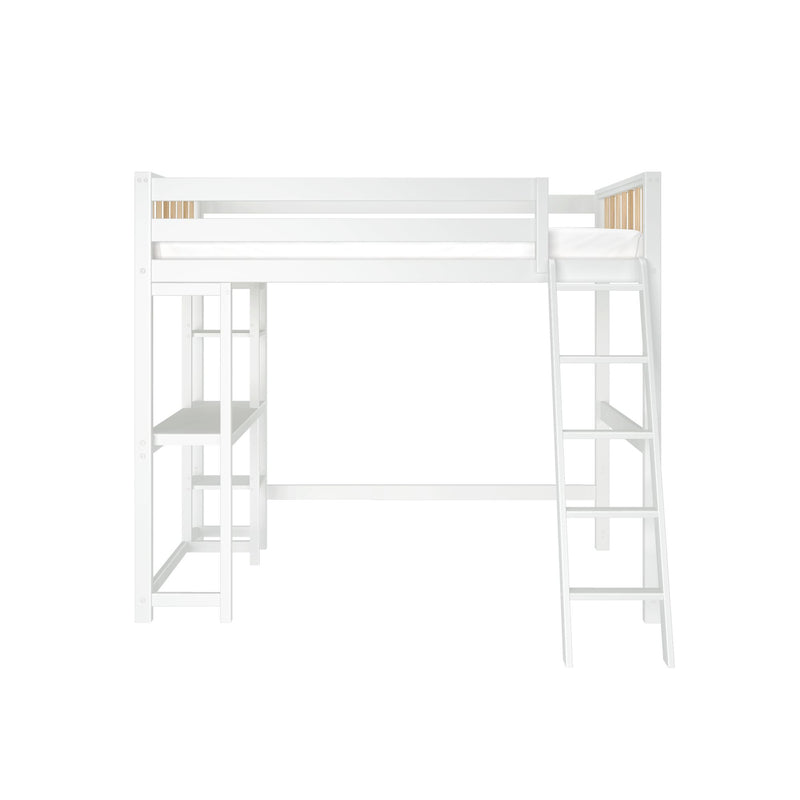 White wooden loft bed with integrated ladder and storage shelves.