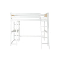 White wooden loft bed with integrated ladder and storage shelves.