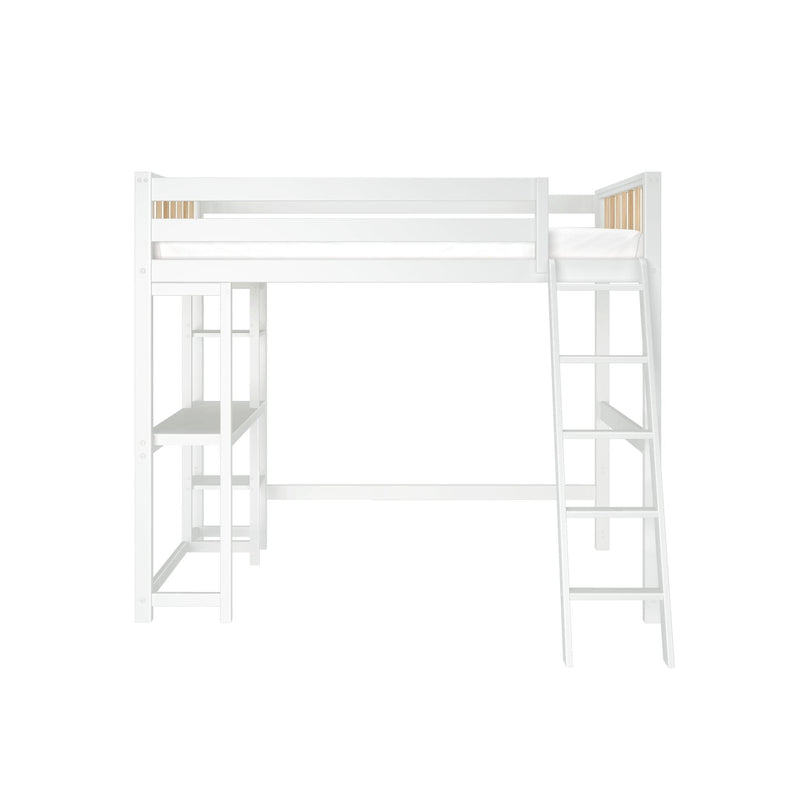 White wooden loft bed with integrated ladder and storage shelves.