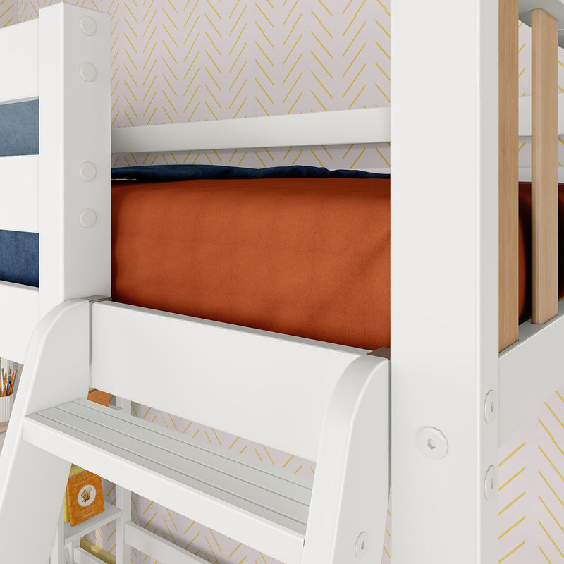 White wooden bunk bed with orange bedding and modern design wallpaper in a child's room.