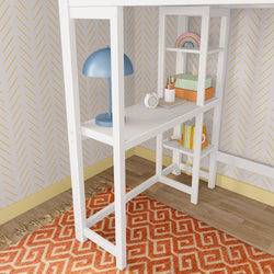 White loft bed with integrated desk, shelves, and modern decor, featuring a blue lamp, orange rug, and decorative books.