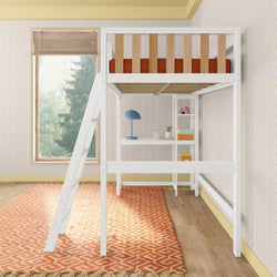White loft bed with desk in modern bedroom featuring geometric wallpaper and an orange patterned rug.