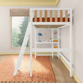 White loft bed with desk in modern bedroom featuring geometric wallpaper and an orange patterned rug.
