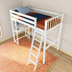 White wooden loft bed with ladder and desk underneath, featuring colorful bedding, modern decor, and geometric patterned rug in a stylish bedroom.