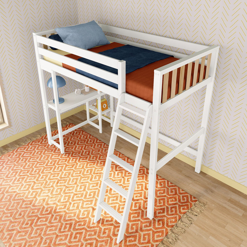 White wooden loft bed with ladder and desk underneath, featuring colorful bedding, modern decor, and geometric patterned rug in a stylish bedroom.
