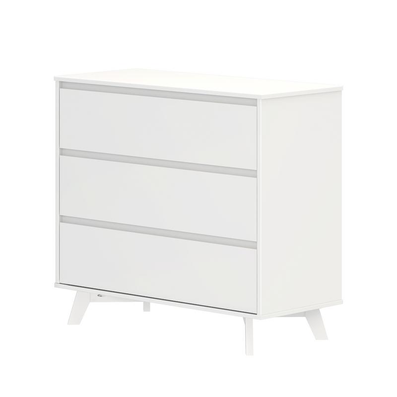 White three-drawer dresser with minimalist design and angled legs, modern chest of drawers for bedroom storage