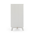White tall storage cabinet with mid-century angled legs, single-door minimalist wardrobe for bedroom or entryway