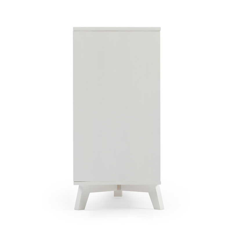White tall storage cabinet with mid-century angled legs, single-door minimalist wardrobe for bedroom or entryway