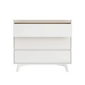Minimalist white 3-drawer dresser, mid-century modern chest of drawers with angled legs and flat-front drawers for bedroom or nursery storage