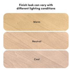 Wood finish sample board showing how color and tone change under different lighting conditions, labeled warm, neutral, and cool swatches with visible wood grain