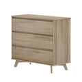 Mid-century modern three-drawer light oak dresser with angled legs, minimalist wooden chest of drawers for bedroom storage