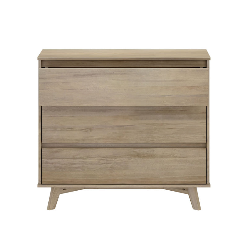 Modern mid-century 3-drawer natural oak dresser with tapered legs — minimalist wooden bedroom storage chest