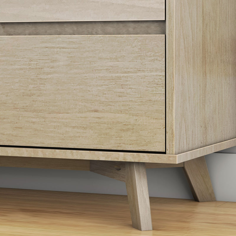 Mid-century modern light wood sideboard cabinet close-up showing natural wood grain, tapered legs and hardwood floor