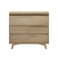 Mid-century modern three-drawer wooden dresser in natural oak finish with angled legs, compact bedroom storage chest
