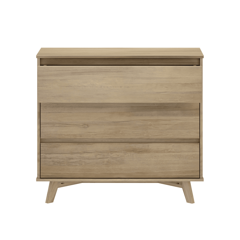 Mid-century modern three-drawer wooden dresser in natural oak finish with angled legs, compact bedroom storage chest