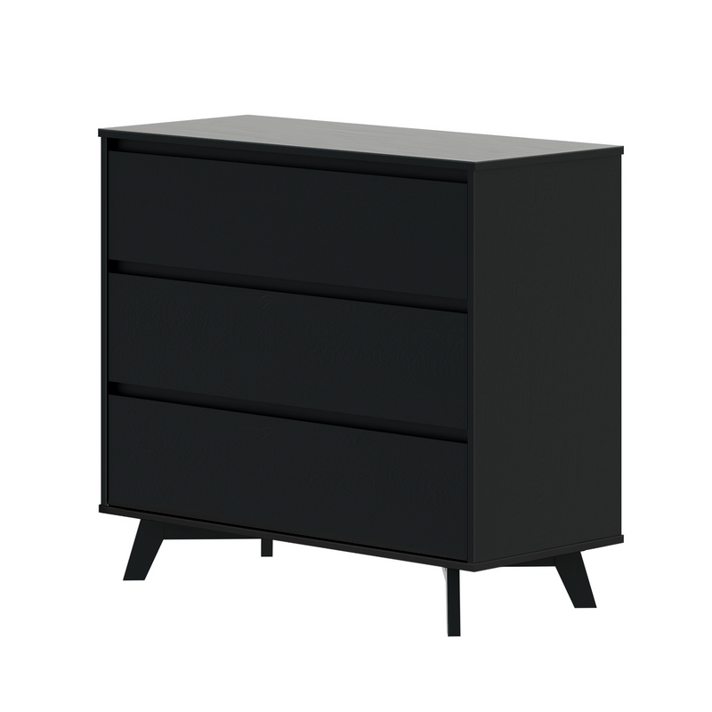 Black three-drawer modern dresser with sleek design and angular legs.