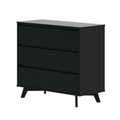 Black three-drawer modern dresser with recessed handles and angled mid-century legs, minimalist wood bedroom storage chest
