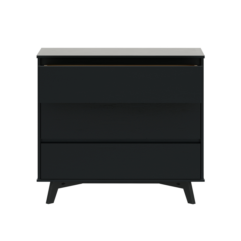Black mid-century modern dresser with three drawers and sleek design.