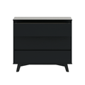 Black mid-century modern three-drawer wooden nightstand with tapered legs, minimalist matte black bedroom dresser for storage