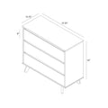 Isometric line drawing of a mid-century modern three-drawer dresser with angled legs, blueprint-style assembly diagram showing dimensions 37.25″ W × 15.75″ D × 33″ H