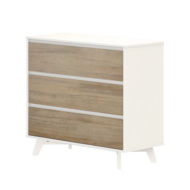 Mid-century modern three-drawer dresser with white frame and natural oak drawer fronts for bedroom storage
