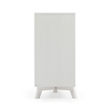 White tall narrow modern wooden storage cabinet with mid-century angled legs, freestanding bedroom or bathroom organizer on white background