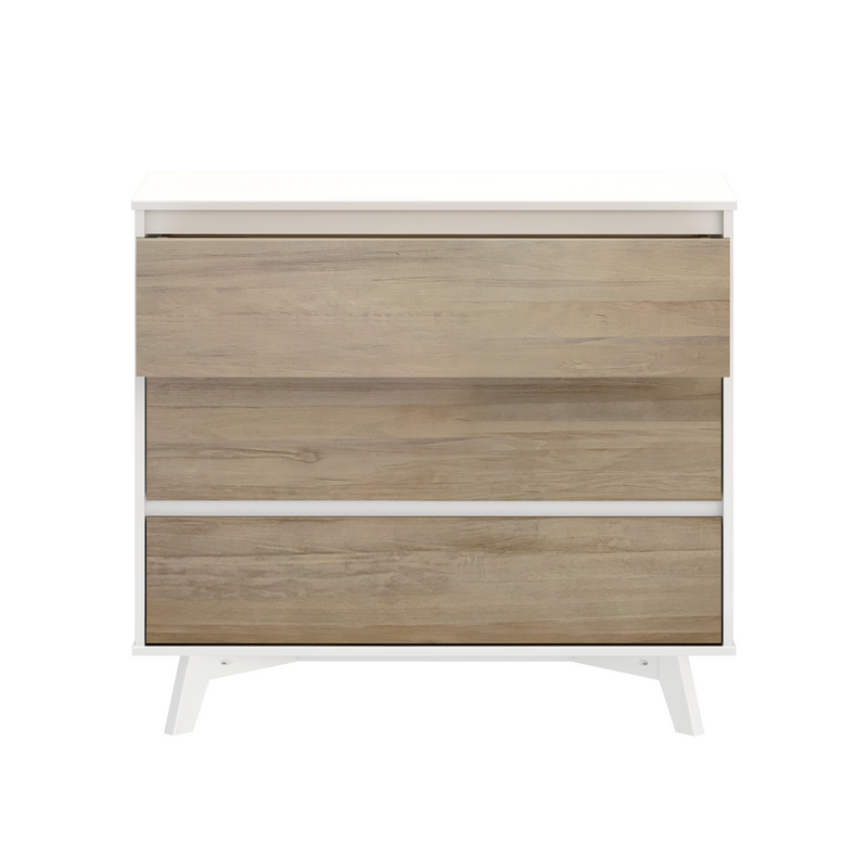 Modern Scandinavian three-drawer dresser with white frame and light oak drawer fronts on angled legs, bedroom storage chest