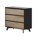 Modern mid-century 3-drawer dresser with black frame and light oak drawer fronts on angled legs, compact bedroom storage chest