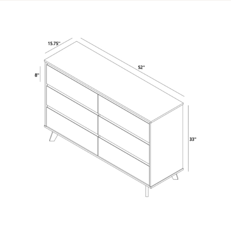 Mid-century modern 6-drawer dresser schematic and measurement diagram showing dimensions 52 in W × 33 in H × 15.75 in D with angled legs and clean-lined wooden profile on white background