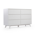 White six-drawer modern wooden dresser with clean minimalist design and angled legs, mid-century modern bedroom storage chest