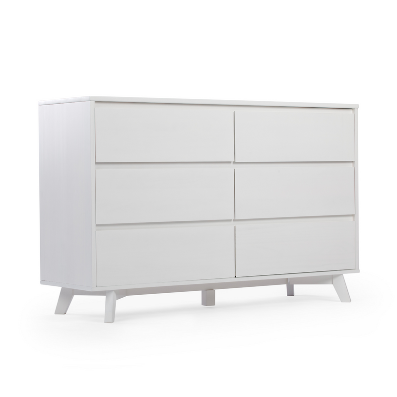 White six-drawer modern wooden dresser with clean minimalist design and angled legs, mid-century modern bedroom storage chest
