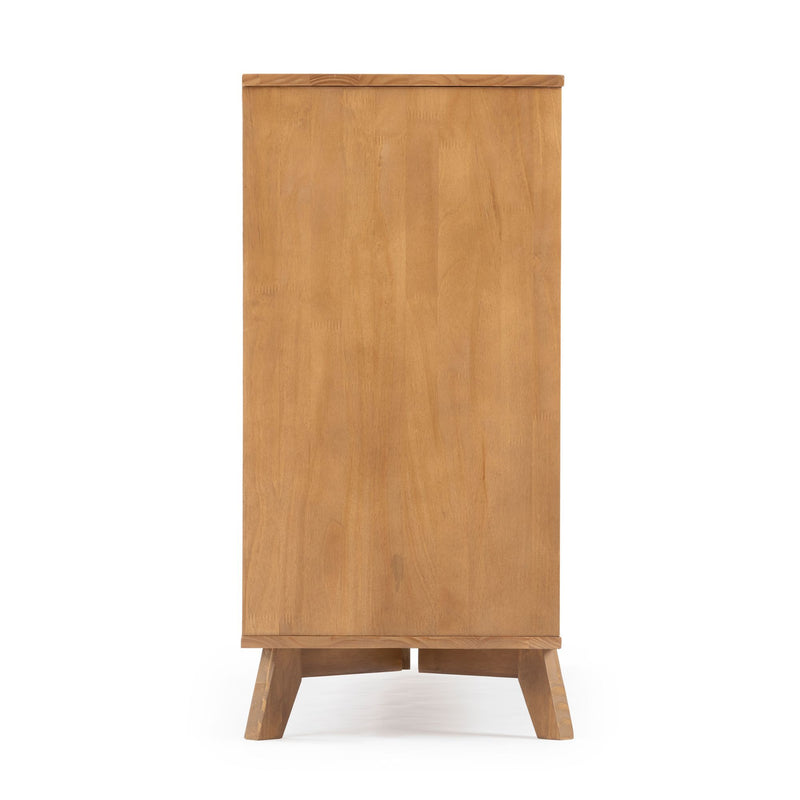 Side view of a mid-century modern natural oak tall dresser (narrow chest of drawers) with angled legs and minimalist design for bedroom storage