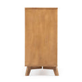 Side view of a mid-century modern natural oak tall dresser (narrow chest of drawers) with angled legs and minimalist design for bedroom storage
