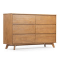 Mid-century modern light oak 6-drawer wooden dresser with tapered legs and natural finish, bedroom storage chest