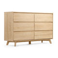 Mid-century modern light oak six-drawer dresser, solid wood minimalist bedroom storage chest with flat-front drawers and angled legs, natural finish