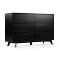 Black six-drawer wooden dresser with mid-century modern angled legs and matte finish, bedroom storage chest on white background