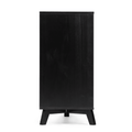 Black wooden display pedestal on angled legs, modern tall plinth for home decor and product display isolated on white background