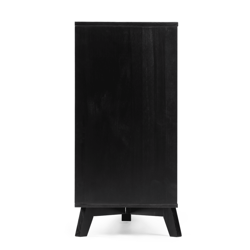 Black wooden display pedestal on angled legs, modern tall plinth for home decor and product display isolated on white background