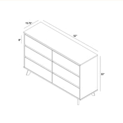Line drawing of a six-drawer mid-century modern dresser with dimensions 52 in W × 15.75 in D × 33 in H