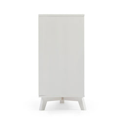 White wooden cabinet with minimalist design and tapered legs.