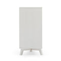 Tall white freestanding wooden storage cabinet with angled mid-century legs, minimalist bedroom or bathroom linen cupboard