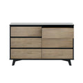 Mid-century modern six-drawer dresser with light oak finish and black metal frame on angled legs, bedroom storage cabinet