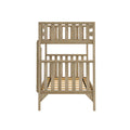Front view of a natural wood twin-over-twin bunk bed with slatted guardrails, solid wood frame, and wooden slat mattress support