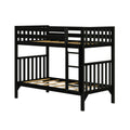 Black wooden twin-over-twin bunk bed with built-in ladder, slatted mattress supports and safety rails for kids' bedroom