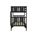 Black wooden twin-over-twin bunk bed frame with vertical slatted guardrails and wooden mattress slats, modern kids' bedroom furniture, front view on white background