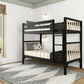 Modern black wooden bunk bed with natural wood slats, ladder and striped bedding in a bright minimalist kids' bedroom with wall sconces