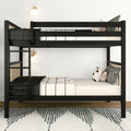 Space-saving modern black metal bunk bed with ladder, monochrome bedding and decorative pillows in a minimalist bedroom with wall sconces and patterned rug