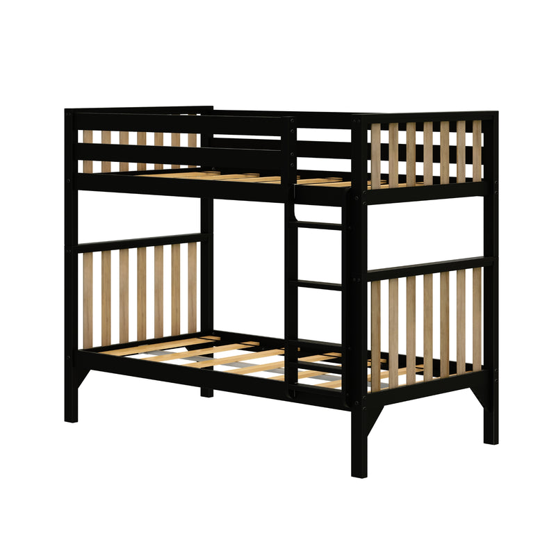 Black and wood twin bunk bed frame with ladder for kids' bedroom.