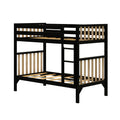 Black metal twin-over-twin bunk bed frame with natural wood slats and built-in ladder, modern platform bunk for kids and teens